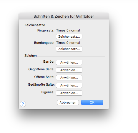 Dialogbox Schriften und Zeichen für Griffbilder